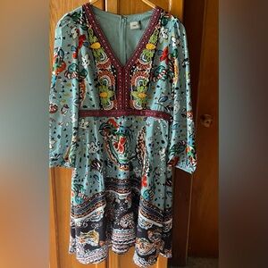 Embroidered Beaded  Boho Floral V-Neck Dress in Teal Multi